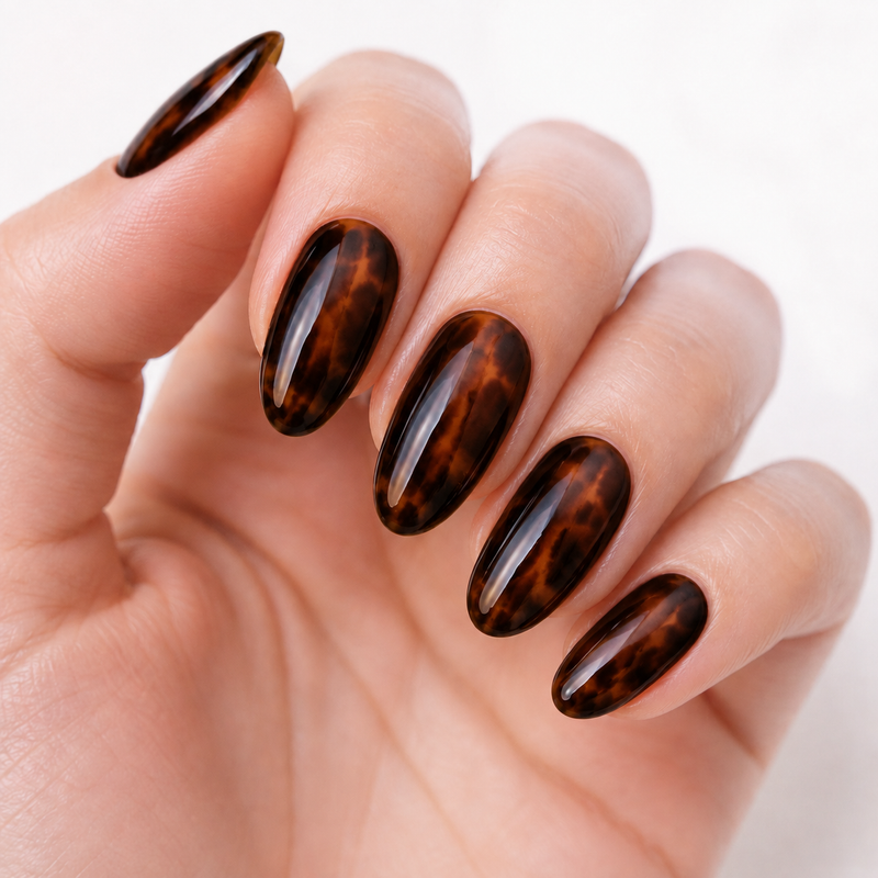 Tortoise Shell Almond Nail Set 150pcs Soft Gel Brown